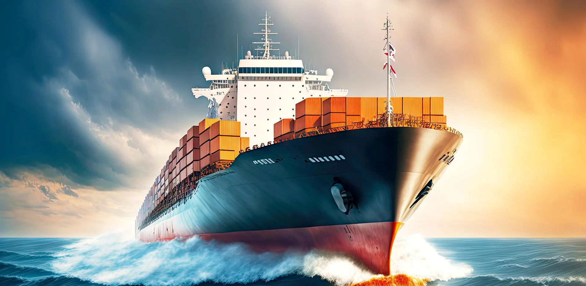 Large vessel at sea with dramatic sky